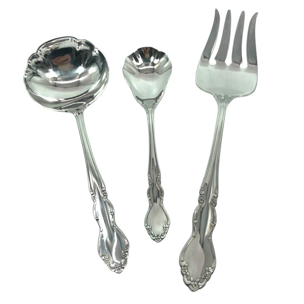 Oneida‎ DOVER Heirloom Stainless Hostess Set of 3 Fork Gravy Ladle Sugar Spoon